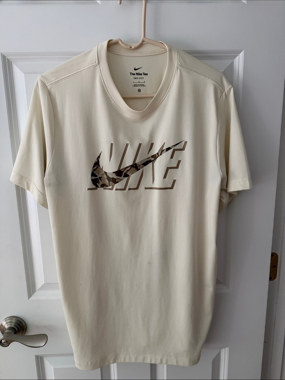 Nike Short-Sleeve Logo Tee in Cream with Camo Swoosh